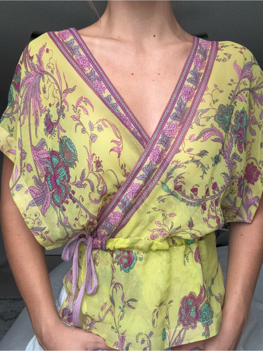100% Silk Floral Wrap Blouse in Yellow with Pink Trim